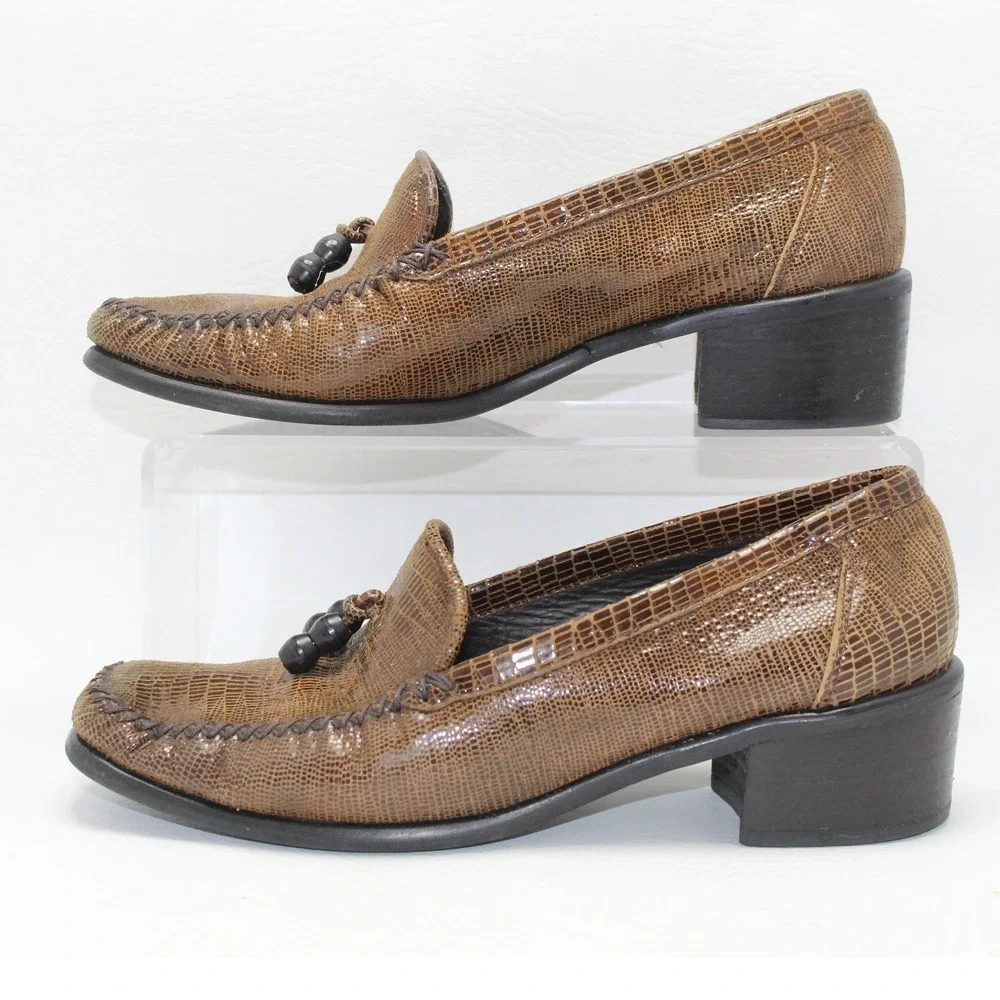 Stuart Weitzman Brown Lizard Embossed‎ Leather Tassel Loafers Block Heel 6.5B